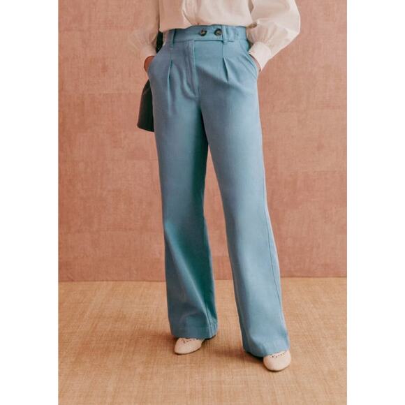 Sezane Gavi Trouser Pants Blue Cotton Linen High Rise Pleated Wide Leg Size 40 L - Picture 1 of 6
